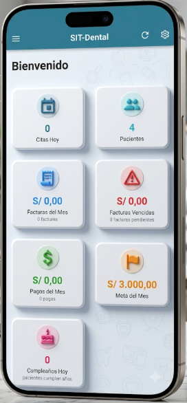 Dashboard móvil SIT-DENTAL Android mostrando citas del día, ingresos y notificaciones en tiempo real de clínica dental
