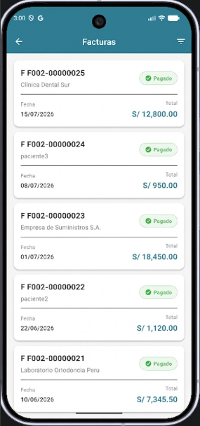 Pantalla de facturación electrónica SUNAT móvil para emitir facturas y boletas válidas desde celular Android en clínicas dentales