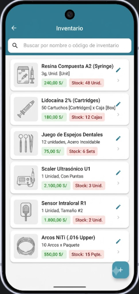 Control de inventario dental desde app móvil con stock en tiempo real, registro de consumos y alertas de stock bajo