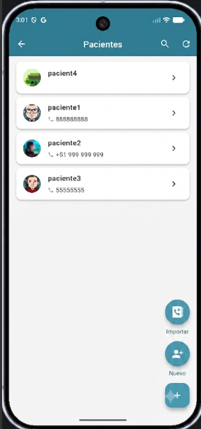 Ficha de paciente dental en app móvil con historial de tratamientos, odontograma y galería de imágenes clínicas