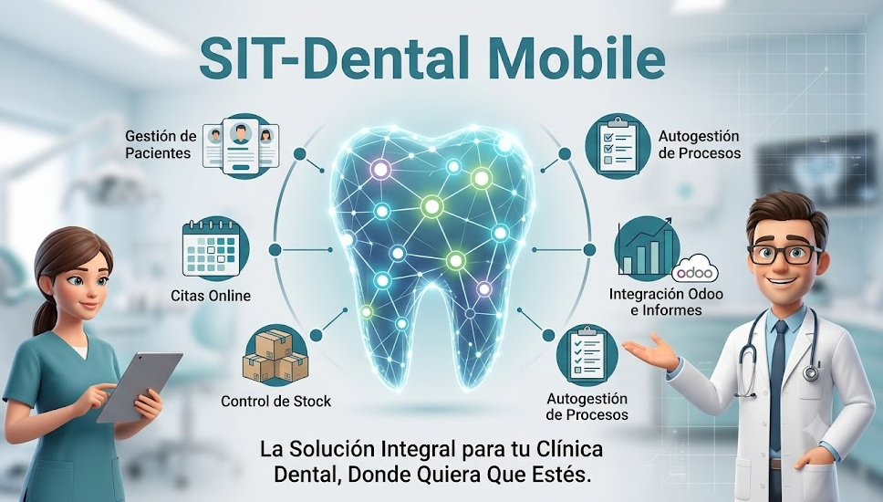 App SIT-DENTAL Mobile para Android mostrando pantallas principales de gestión de clínica dental: agenda de citas, facturación electrónica y control de pacientes desde celular